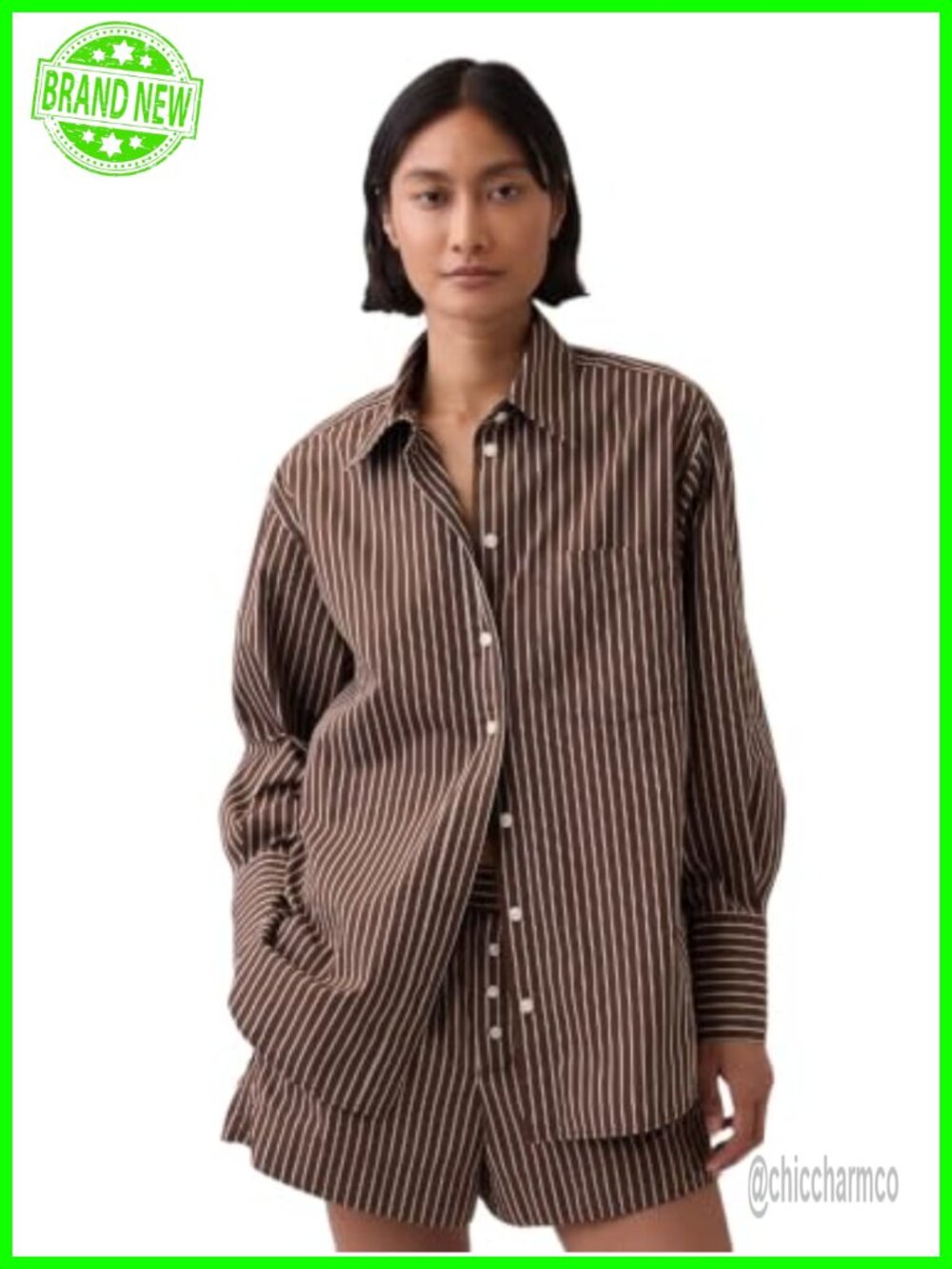 Oversized Woven Shirt Cap Sleeve Crew Neck Striped Pull On Top